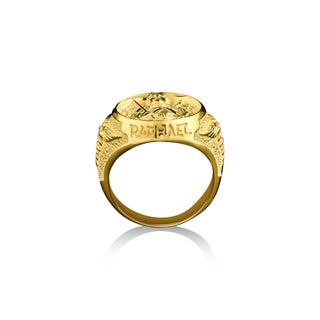St raphael the archangel faith ring in 14k gold, Engraved saint raphael mens signet ring in 18k gold, Gold catholic ring