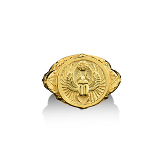 Egyptian scarab with nefertiti 14k gold engraved signet ring for men, 18k gold mens signet ring with mythology motifs