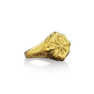 Vegvisir 14k gold signet ring for men, Viking compass 18k gold mens ring for scandinavian, Norse mythology ring for dad
