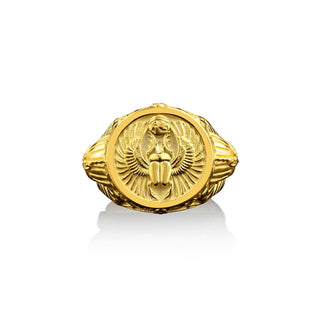 14k gold eygptian scarab signet ring with engraved pharaoh on side, 18k gold mens ancient egypt ring, Cool mens rings