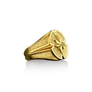 Unique compass mens signet ring in 14k gold, 18k gold nautical signet ring for men, Best friend ring for good luck gift