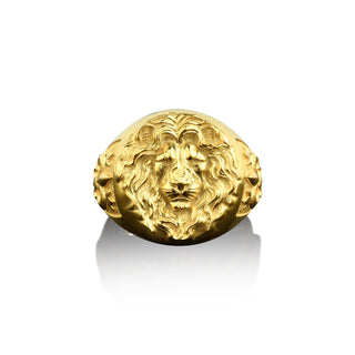 14k gold mens lion signet ring with engraved fleur de lis, 18k gold male ring for dad, Leo zodiac ring for birthday