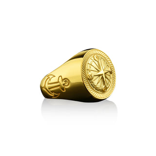 Compass signet ring with engraved anchor on side, 14k or 18k gold signet ring for fisherman, Nautical ring for boyfriend