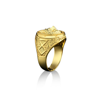 Nordic wolf 14k gold signet ring for men, 18k gold mens animal ring for boyfriend birthday, Cool mens rings for husband
