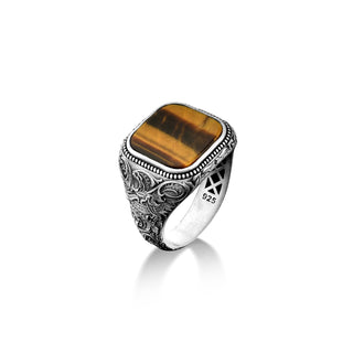 925 sterling silver agate signet ring for men, Antique style green jade ring as gift for mens, Flat top victorian ring with tiger's eye