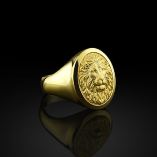 Gold Lion Men's Ring, 14K Gold Signet Lion Ring, 18K Gold African Lion Rings, 10K Gold Oval Lion Head Ring, Mens Wedding  Gift Rings