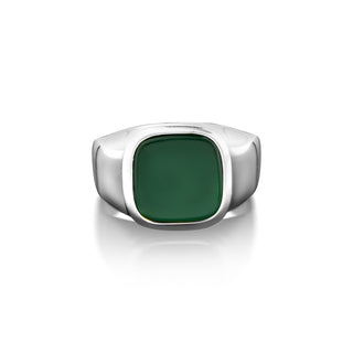 925 sterling silver ring with flat top cushion cut green agate, Plain signet mens ring with green jade, Minimalist ring with gemstone agate