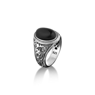 Victorian style mens vintage ring with black onyx, 925 sterling silver floral engraved side onyx ring for men, Cool ring, gift ring for mens