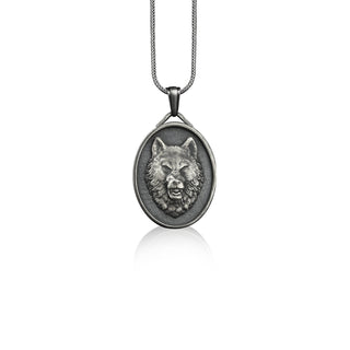 Angry wolf head medal necklace in sterling silver, Personalized animal pendant necklace for husband, Custom name pendant