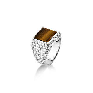 Unique men ring with flat top tigers eye engraved bricks on side, Sterling silver flat tigers eye men ring, Square cut tigers eye men ring