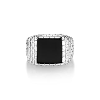 Flat top black onyx ring with engraved bricks on side, Flat black gemstone ring in silver, Square cut onyx ring for men