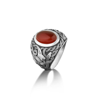 Filigree ring with red agate in sterling silver for mens, Carnelian oval ring with wide band, Celtic symbol engraved on side handmade ring