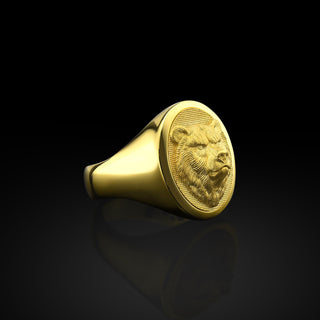 14K Gold Bear Head Mens Ring, 10K Gold Oval Signet Bear Man Ring, 18K Gold Wild Angry Bear Ring, 10K Viking Gold Ring, Jewelry For Men