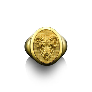 Oval ram signet ring in 14k gold, Elegant gold mens signet ring for aries, 18k gold statement ring for men, Unique ring