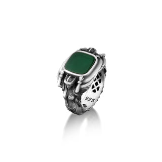 Green agate Greek mythology ring for boyfriend, 925 sterling silver Athena ring with green agate for mens, Chunky silver green jade men ring