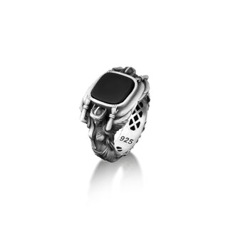 Flat top black onyx athena ring in 925 silver, Greek mythology ring for boyfriend, Chunky silver mens ring with onyx