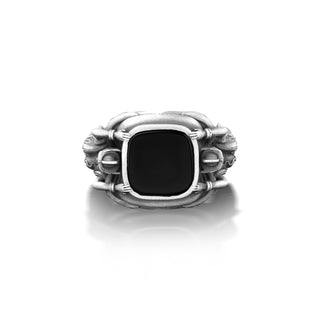 Flat top black onyx athena ring in 925 silver, Greek mythology ring for boyfriend, Chunky silver mens ring with onyx