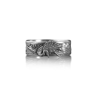 Grey Heron Ardea Cinerea Band Ring For Men, Crane Bird Wedding Sterling Silver Ring, East Asian Ring, Engraved Bands, Promise Ring for Men