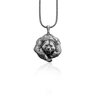 Scandinavian Silver Bear Men's Necklace, Silver Relief Walking Bear Medallion, Silver Viking Wild Bear Men Necklace, Animal Lovers Necklace