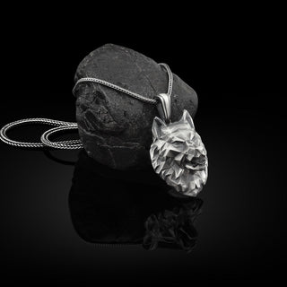 Wolf Handmade Silver Necklace, 3D Geometric Wolf Head Silver Men Jewelry, Wolf Head Sterling Silver Pendant, Geometric 3D Wolf Head Men Gift