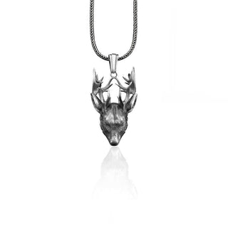 Deer Head Handmade 3D Silver Necklace, Reindeer Silver Men Jewelry, 3D Reindeer Sterling Silver Pendant, 3D Deer Head Gift, Animal Necklace