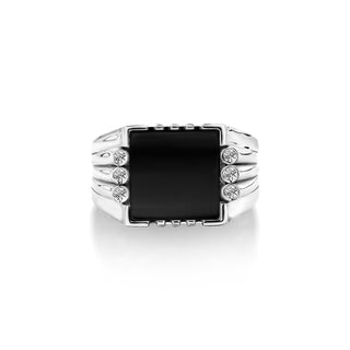 Square cut black onyx ring with cz in silver, Flat top onyx statement ring for men, Unique mens onyx ring with zircon,