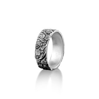 Japanese Wind and Flower Traditional Wedding Men's Band Ring, Flower Ornamental Wedding Silver Ring, Engagement Gift, Promise Ring for Men
