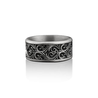 Leaves Motifs Handmade Sterling Silver Men Band Ring, Nature Wedding Ring, Dainty Ring, Engagement Ring, Anniversary Ring, Memorial Gift