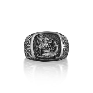 Silver St. Michael Ring with Ornaments with DahliaVictorious, Saint Michael The Archangel Silver Ring, Catholic Gift, Religious Ring