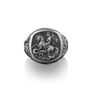 St. George of Lydda And Dragon Square Ring for Men in Sterling Silver, Christian Mens Ring, Catholic Gifts for Women, Pinky Rings for Women