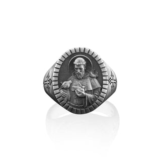 Saint Francis Oxidized Signet Ring for Men, Christian Religious Sterling Silver Jewelry, Silver Catholic Gift Rings, Husband Gift Rings