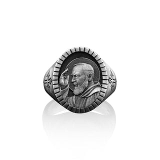Handmade Sterling Silver Padre Pio Signet Ring For Men, Catholic Gift Jewelry,Protection Ring, Family Ring, Christian Gift, Gift For Her Him