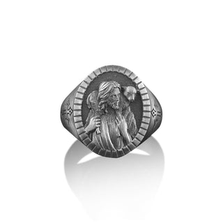 Jesus The Good Shepherd Sterling Silver Signet Rings For Men, Oxidized Shepherd Jesus Ring, Family Ring, Christian Men Gift, Gift For Men