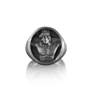 Engraved Crucifixion of Jesus Ring, Jesus Christ with Cross Oxidized Silver Ring, Christian Statement Ring, Religious Ring, Messiah Men Ring