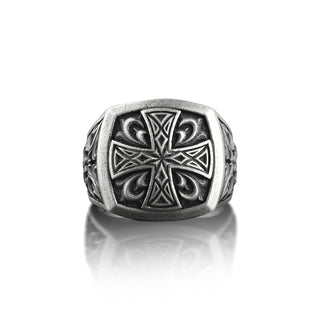 Cross Floral Mens Signet Ring, Maltese Cross Engraved Signet Ring For Men, Victorian Motif Botanical Ring in Sterling Silver, Religious Ring