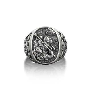 St Michael Oval Signet Ring Men, Archangel Saint Michael with Floral Ornament Ring, Christian Ring For Family, Religious Ring For Husband