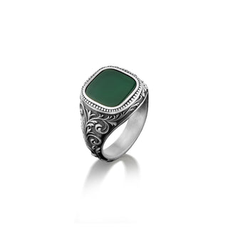 Engraved lily on side unique ring with green jade, Victorian handmade mens ring with cushion cut green agate, Sterling silver agate ring