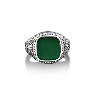 Engraved lily on side unique ring with green jade, Victorian handmade mens ring with cushion cut green agate, Sterling silver agate ring