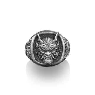 Japanese Oni Mask Demon, Japanese Mythology Jewelry, Sterling Silver Square Signet Ring, Mens Gold Signet Ring, Pinky Rings for Women,