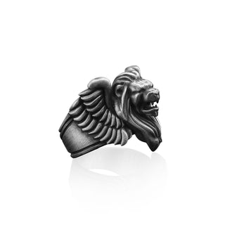 Lion of venice sterling silver ring for men, Winged lion medieval ring for dad, Unique leo zodiac ring for birthday gift
