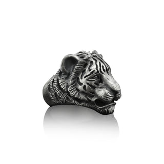 Asian Tiger Handmade Sterling Silver Men Ring, Wild Cat Animal Ring, Asian Tiger Silver Men Jewelry, 3D Tiger Head Biker Ring, Ring For Men