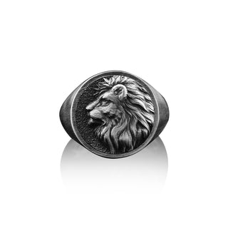 Lion Handmade Relief Signet Ring, Sterling Silver Lion Relief Pinky Men Ring, Silver Lion Head Jewelry, Leo Zodiac Ring, Animal Silver Ring