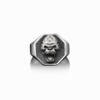 925 Silver Gorilla Signet Mens Ring, Handmade Wild Ape Man Ring, Polished Ape Ring, Sterling Silver African Men Jewelry, Gift Ring For Mens