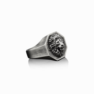Zodiac Leo Signet Pinky Ring For Men in Sterling Silver, Handmade Wild Lion Ring, Lion Man Silver Gift Ring, Octagonal Signet Men Gift Ring