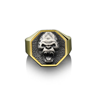 Handmade Ape Man Ring, Gold Plated Gorilla Signet Men Ring, 925 Silver Angry Ape Man Ring, Sterling Silver Wedding Men Ring, Boho Men Rings