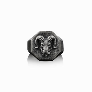 Zodiac Aries Ram Signet Ring for Men in Sterling Silver, Ram Head Silver Men Ring, Silver Zodiac Boho Man Ring, Animal Jewelry, Ring For Men