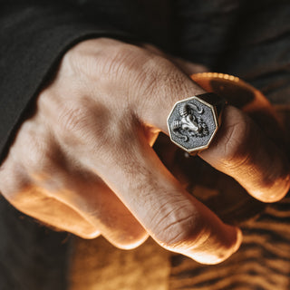 Zodiac Aries Ram Signet Ring for Men in Sterling Silver, Ram Head Silver Men Ring, Silver Zodiac Boho Man Ring, Animal Jewelry, Ring For Men