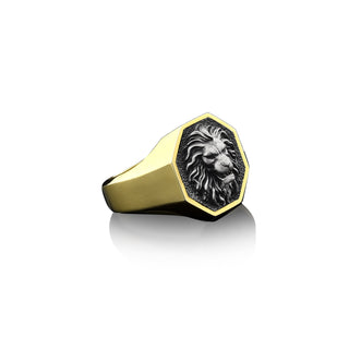 Handmade Wild Lion Silver Men Ring, Sterling Silver Lion Head Signet Man Ring, Gold Plated Silver Lion Man Ring, Octagonal Signet Men Ring