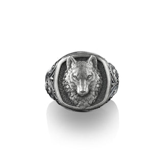 Victorian Pattern with Fenrir Wolf Ring For Men, Pinky Signet Wolf Men Ring in Sterling Silver, Chunky Biker Rings, Spirit Animal Ring