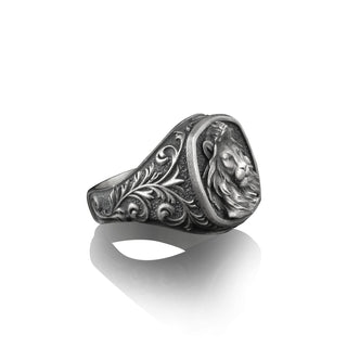 Majestic Lion Square Signet Ring, Sterling Silver Rings, Mens Astrology Signet Rings, Zodiac Leo Gifts, Animal Pinky Rings for Women,